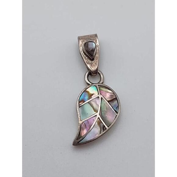 Vintage Mexico 950 Silver Abalone Inlay Leaf Pendant grams - Picture 2 of 5